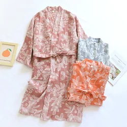 Women's Pure Cotton Gauze Pajamas Thin Jacquard Bathrobes Autumn Long Sleeve Japanese Kimono Robe Loose and Casual Home Wear