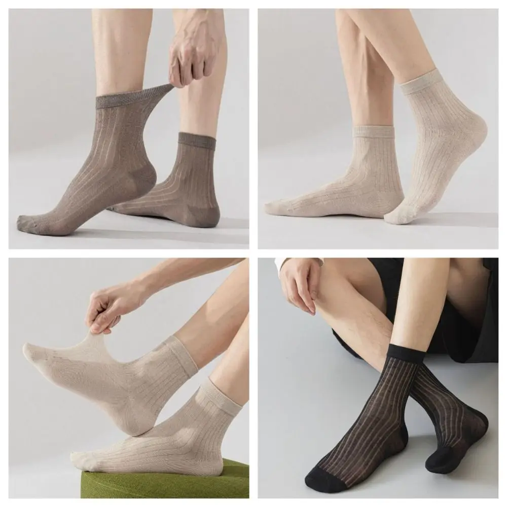 

Elastic Solid Color Business Socks Men Mesh Thin Breathable Mid-calf Socks Men Soft Stripe Men Tube Socks Daily