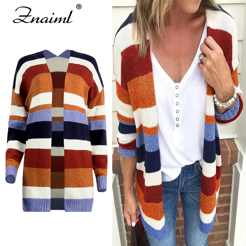 

Znaiml Open Cardigan Women Striped Patchwork Knitted Sweaters Long Sleeve Jacket Coats Fashion Streetwear Fall Winter Outwear