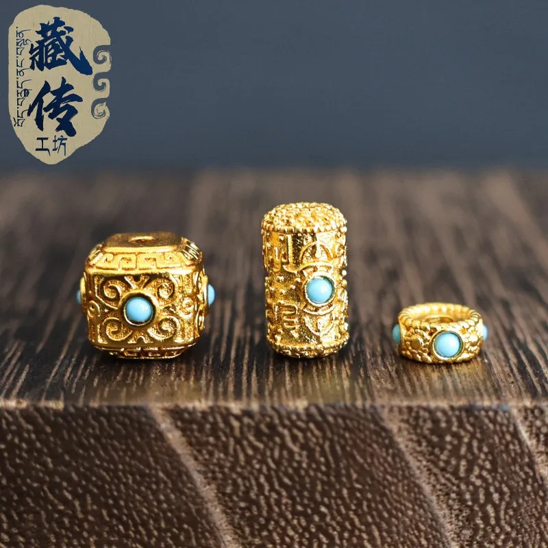 Tibetan Gold Tone Turquoise Spacer Barrel Bead Wenwan Bracelet Waist Charm Lucky Bead Accessory Handmade Jewelry Men Women Gift