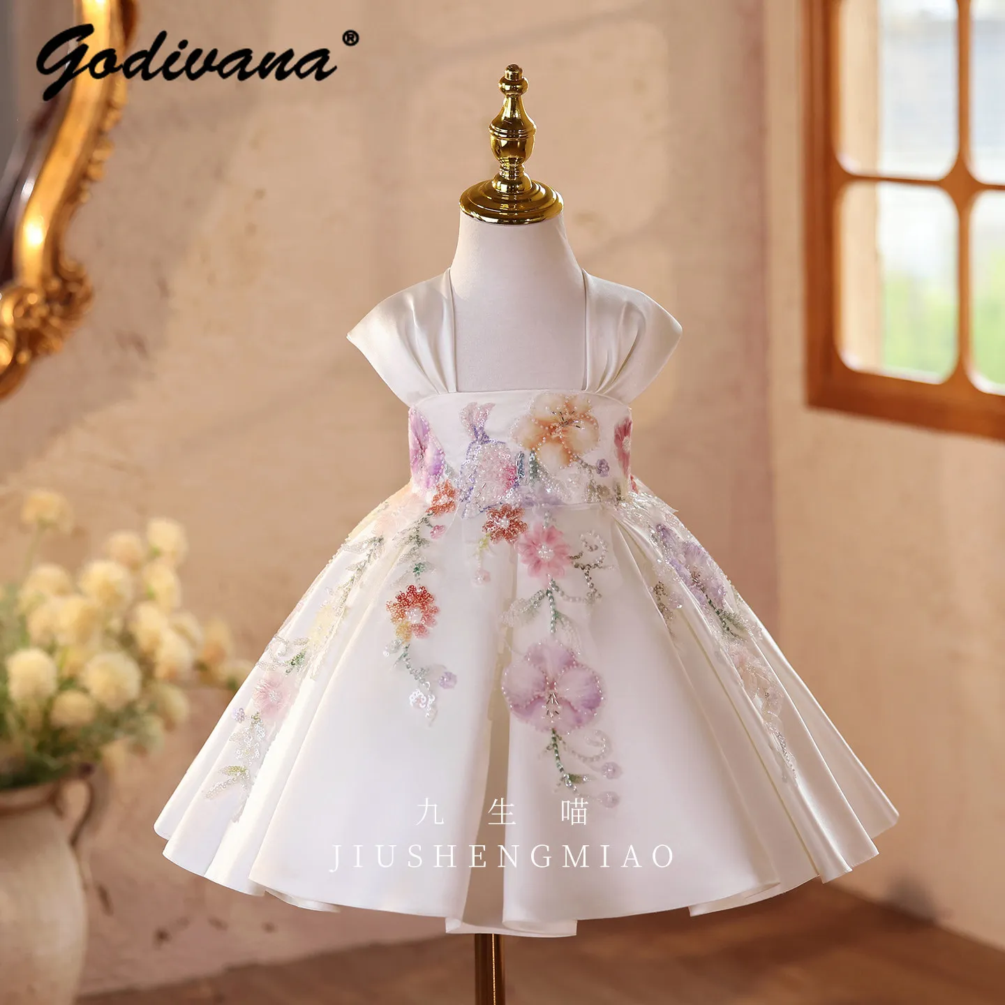 Girls High End Heavy White Birthday Party Princess Dress Kids Luxury Sequin Floral Piano Performance Flower Girl Runway Dresses