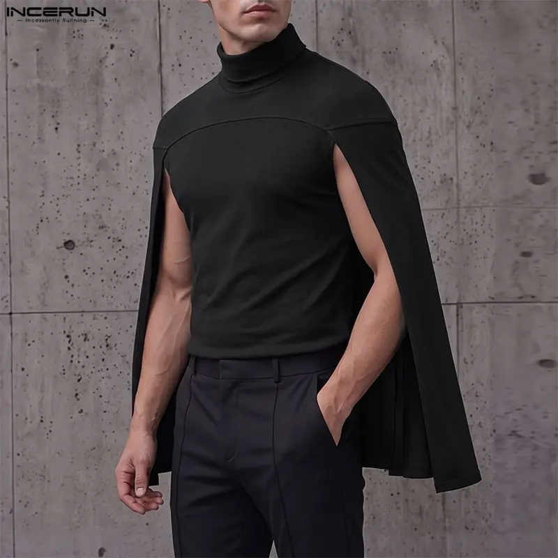 Men's Irregular T Shirt INCERUN Solid Turtleneck Casual Cloak For Man Tee Tops Streetwear Fashion Men Clothes Cape Personality
