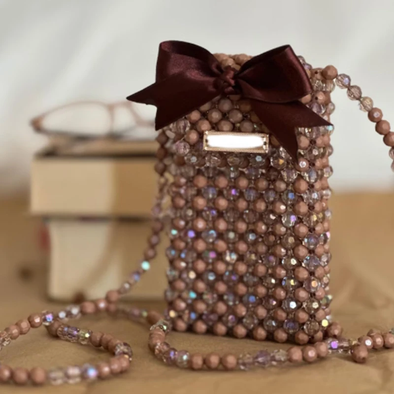 

New Exquisite Compact Crossbody Chain Mobile Phone Bags Crystal Bead Production Flip Cover Women's Shoulder Bag Bow Design