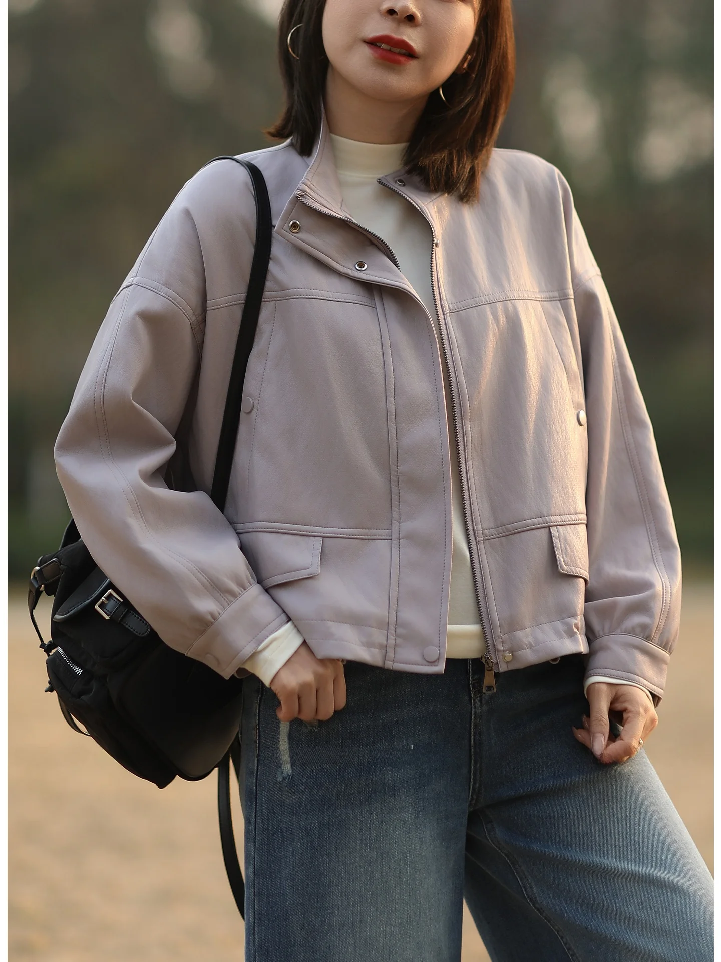 Tree Also レディース カジュアル ショート PU レザー ジャケット ソフトな質感 スタンドカラー 長袖 春のファッション アウター コート