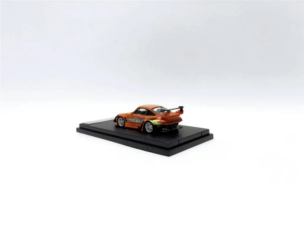 In Stock Street Warrior 1:64 RWB 993 Diecast Model Car. Vibrant orange finish with custom flame graphics, iconic widebody design