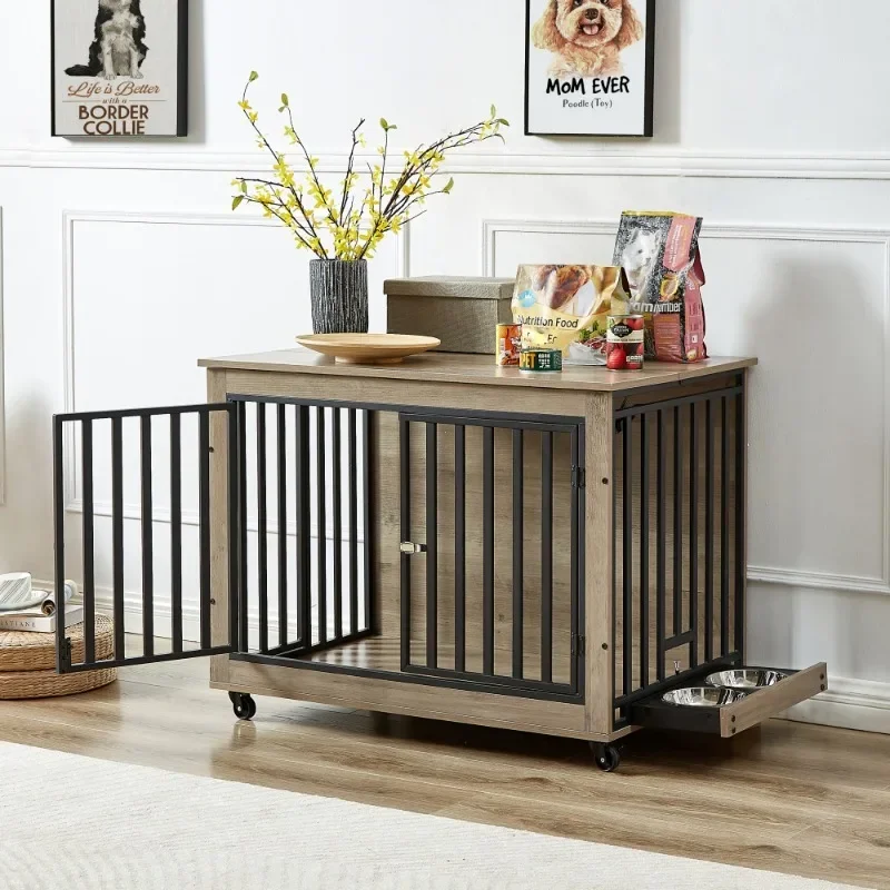 Furniture Style Dog Crate Side Table With Feeding Bowl Three Doors Flip-Up Top Opening Indoor Grey 38.58