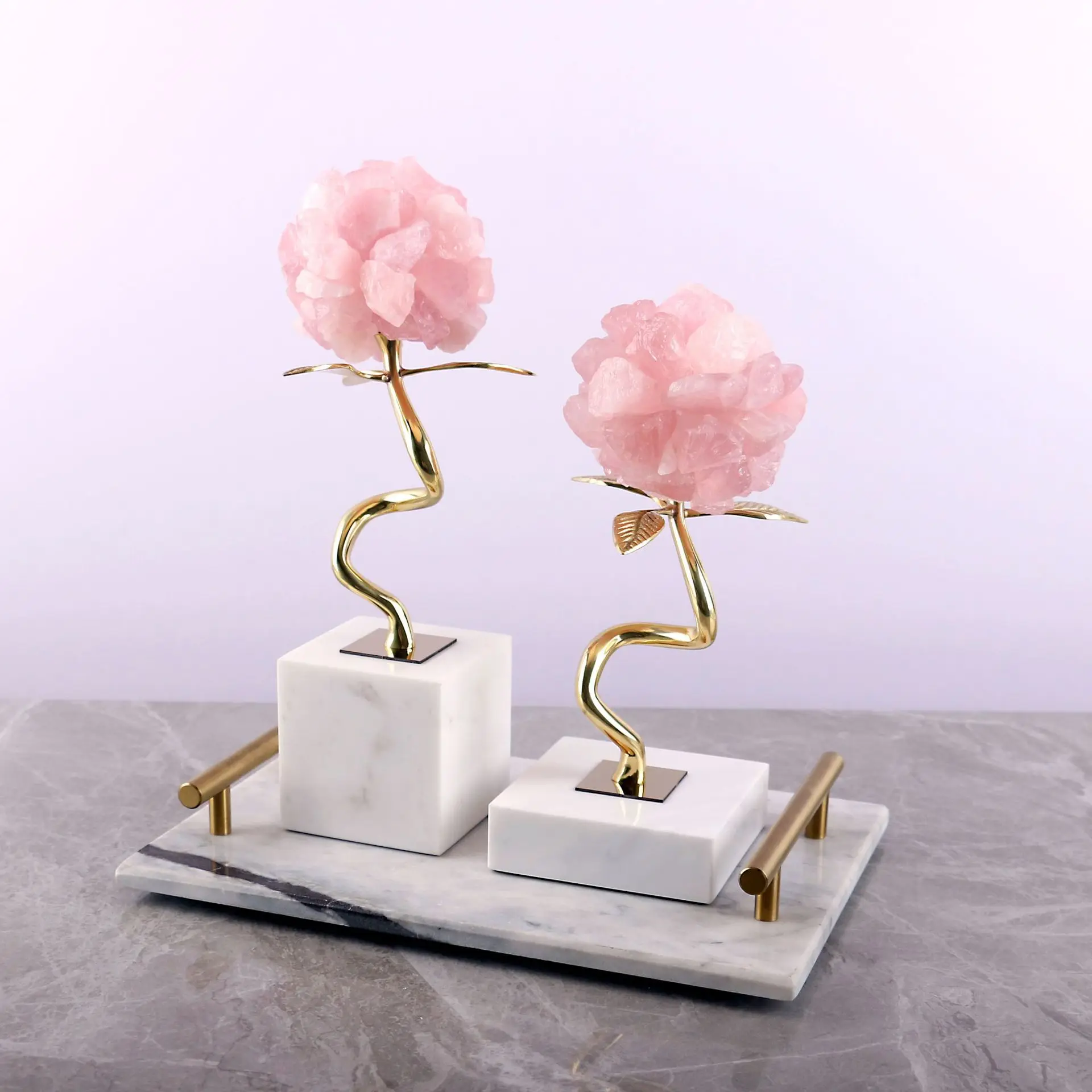 Pink Crystal Ball Artificial Plant Hydrangea Flower White Marble Base Metal Handicraft Home Decoration Figurine