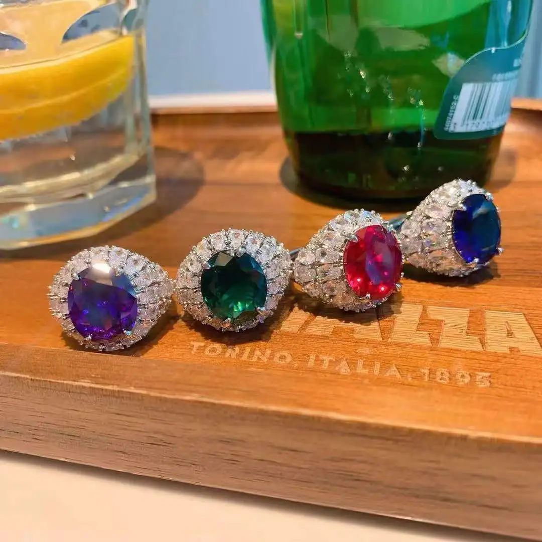 Anillos de piedras preciosas moradas con diamantes brillantes de diseño creativo para mujer, anillo elíptico Retro de plata colorida 925, joyería para banquete