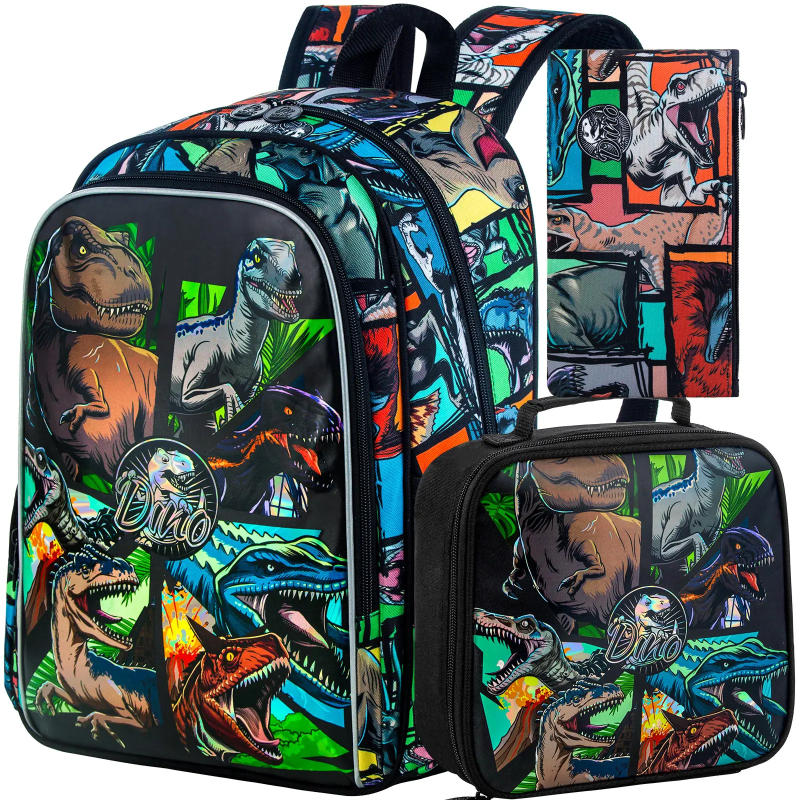 3pcs-boys-dinosaur-backpack-set-16-inch-comic-grid-school-bag-with-lunch-box-pencil-case