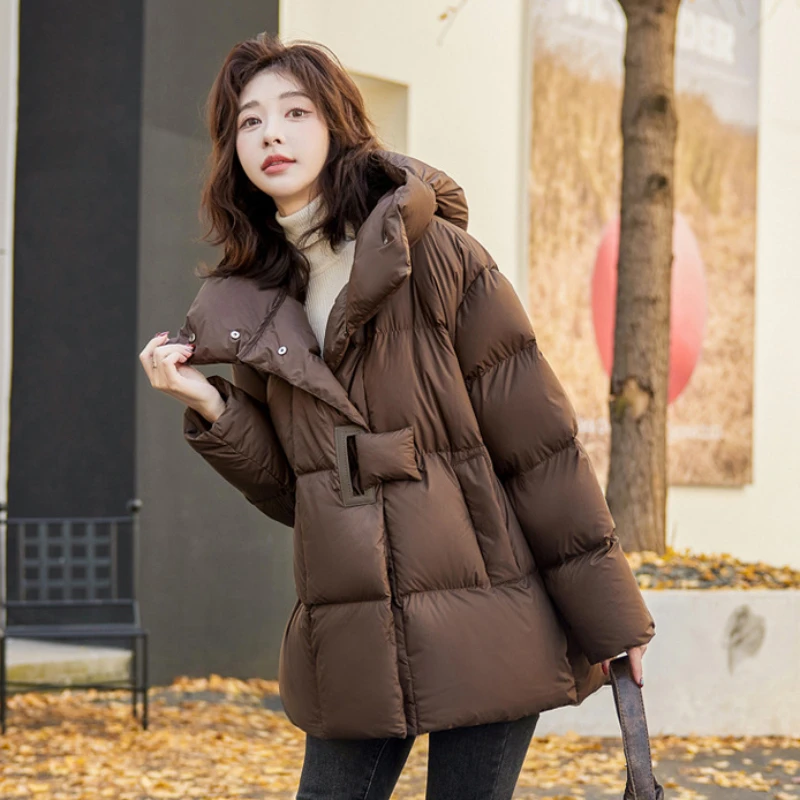 Women\'s Mid-length Hooded Down Jacket, Women Winter Coats, Thick, Casual, Loose, Warm Outerwear, Korean Fashion, Button Design