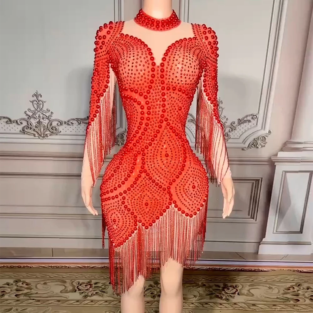 2023 New Customized Tassels  Mesh lace Feather High Elastic Short Sleeve Pearl Sexy Tight Party Dress Stage Performance Dress