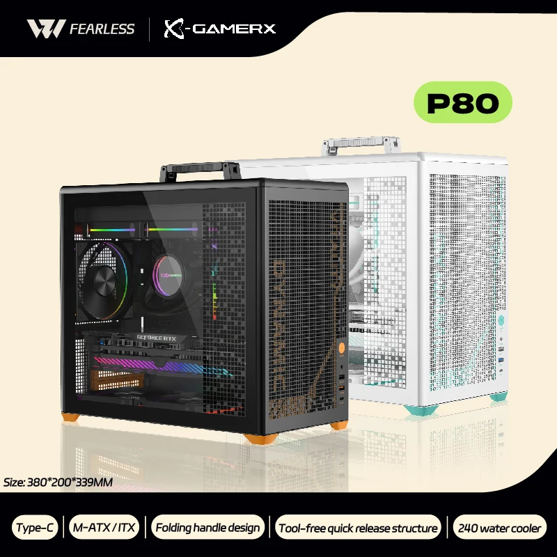

Чехол для ПК PowerTrain X-GAMERX P80, ITX MATX, прозрачная сторона, 240, с водяным охлаждением, TYPE-C, настольный складной чехол, чехол для портативного компьютера
