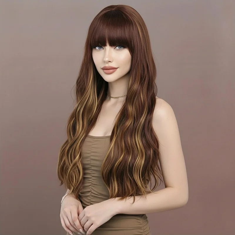 European and American style fashionable women's wig with large waves, brown blonde highlights, ladies' headpiece, high-temperatu