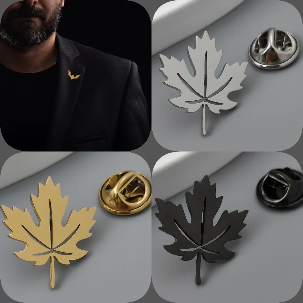 Maple Leaf Gold Plated Badge, Silver Collar Brooch, Lapel Pin Black, Nameplate Suit Accessories Set, Men's Gift