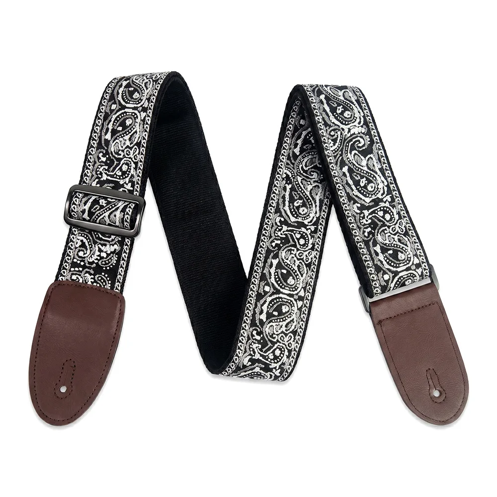 Boho Embroidered Guitar Bass Strap Thickened Widened Brown Leather End Shoulder Sling for Acoustic Electric Folk Guitar