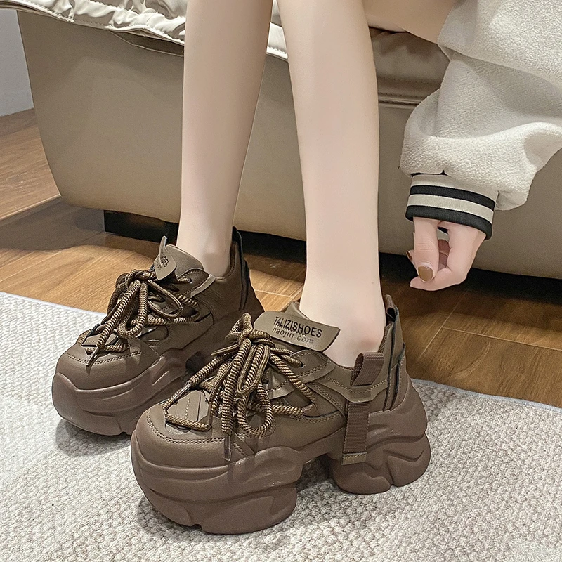 8CM Autumn Spring Women Non-slip High Platform Shoes Wedge Heels Casual Height Increasing Chunky Sneakers Women Leather Shoes