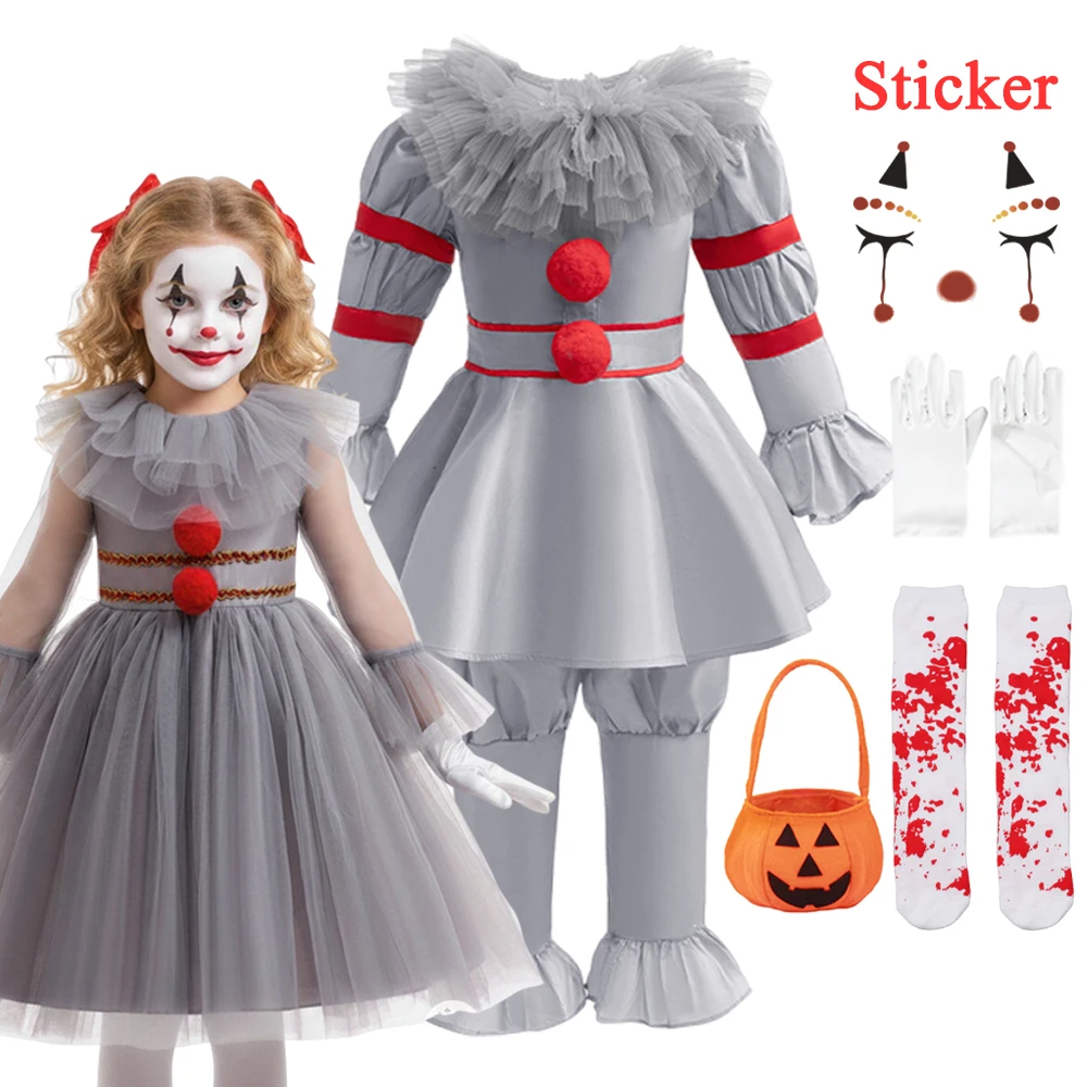 Mädchen Jungen Halloween Graues Joker-Kostüm Tutu-Kleid Gruseliger Clown Kinder Karneval Party Cosplay Kinderoutfit