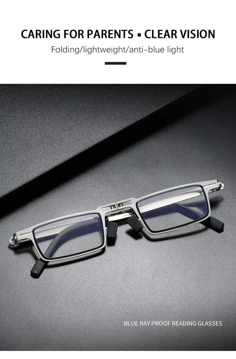 Unisex faltbare Lesebrille, Vollmetallrahmen, Anti-Blaulicht-blockierend, mit Etui für Damen und Herren, kompakte Brillen, faltbar – Detail 2