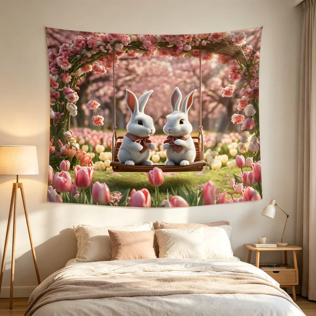 1PC Rabbit Swing Print Backdrop Banner, Bedroom Living Room Photo Background, Polyester Wall Hanging, Home Decor, Wall Art