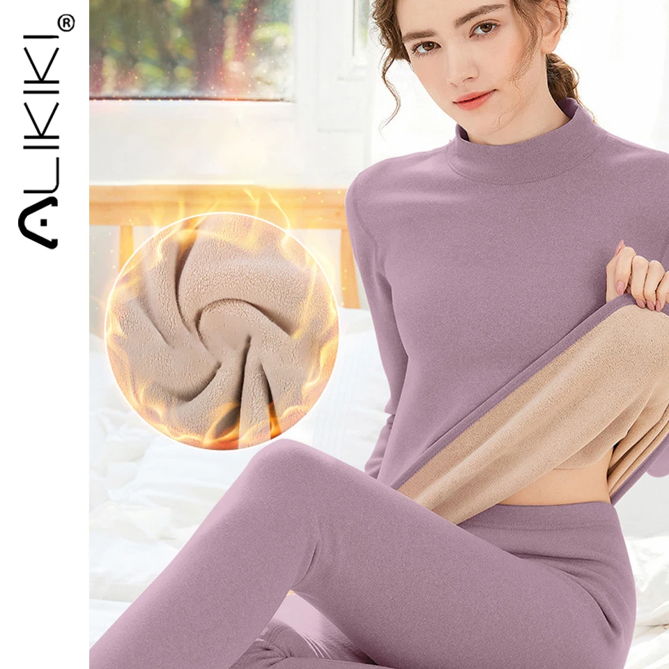 Women's Winter Thick Fleece Lined Underwear Long Johns Suit Two Piece Set Velvet Base Layer Underwear Warm Home Clothes Outfits