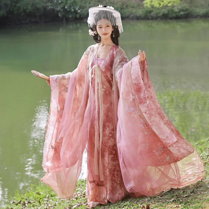 Hanfu women's 2026 new spring and summer pink cherry blossom embroidered big-sleeved shirt elegant and thin antique style