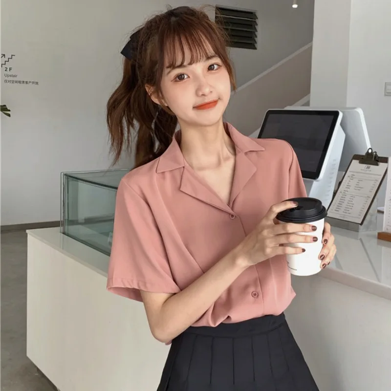 Button Shirt Girl Solid V-Neck Retro Chic Korean Streetwear Harajuku All-match Simple Leisure Popular Preppy Clothing Female Ins