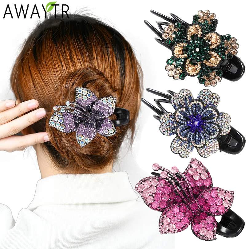 

Elegant Crystal Double Flower Hair Claw Hair Grab Duckbill Clip For Women Headdress Hair Accessories Rhinestone Hairpin Headwear