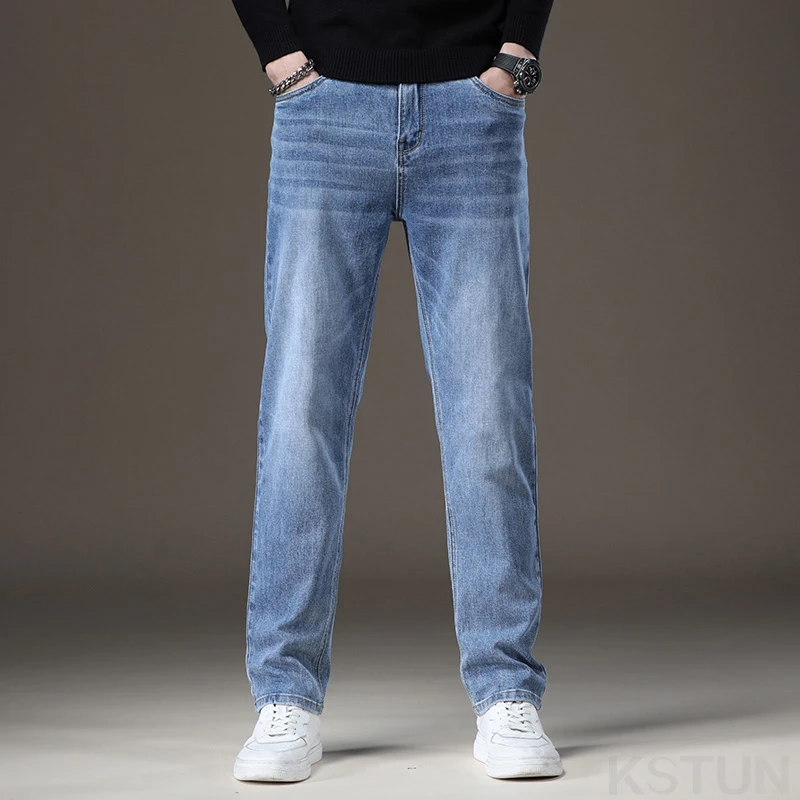 KSTUN Herren-Jeans, Stretch, gerader Schnitt, Basic, Business, lässige Denim-Hose für Herren, Ganzkörperhose, Schwarz, Blau, normale Jeans