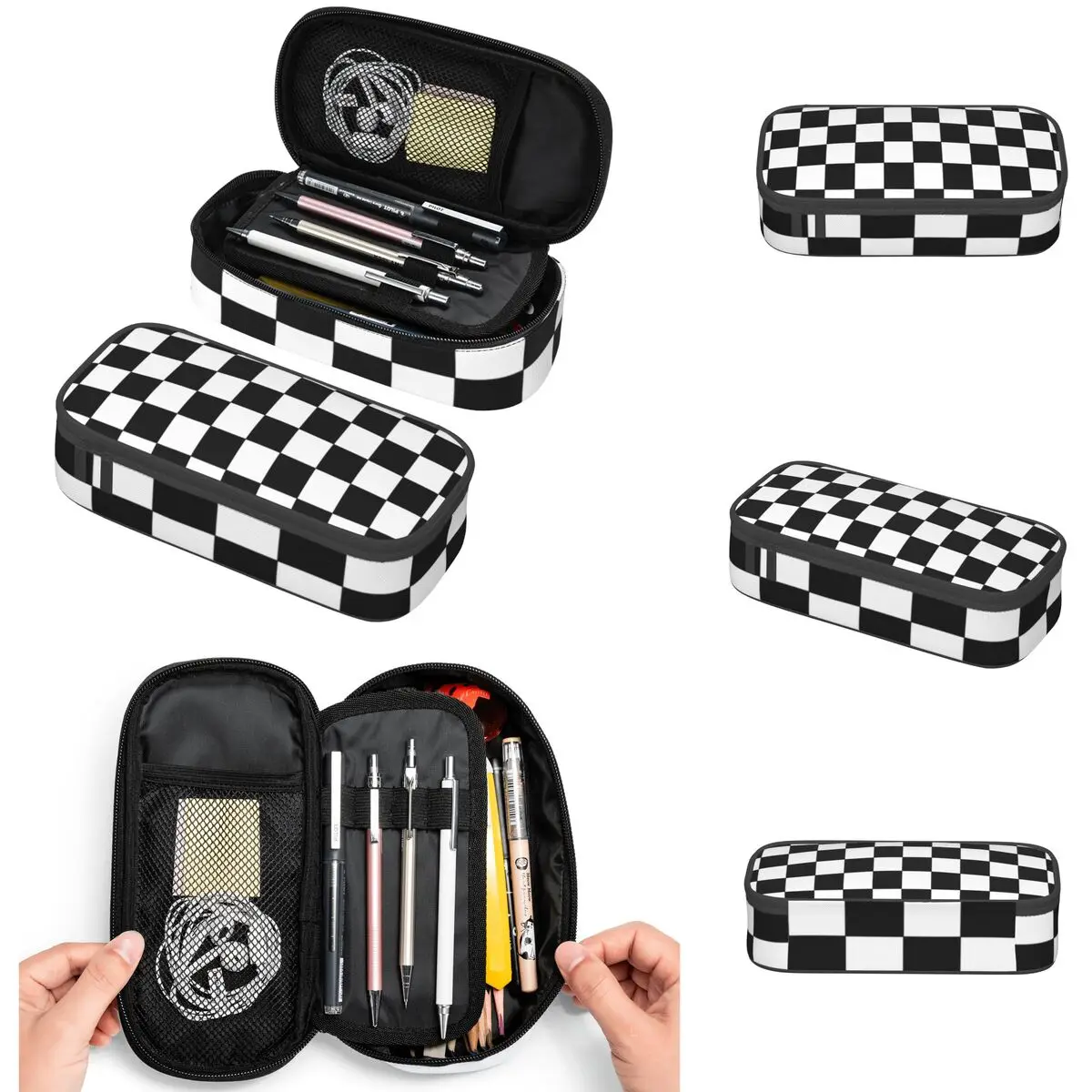 estojos de lapis quadriculado para meninos e meninas grande capacidade pen bags pen box lapis pouch estudantes papelaria preto e branco 01