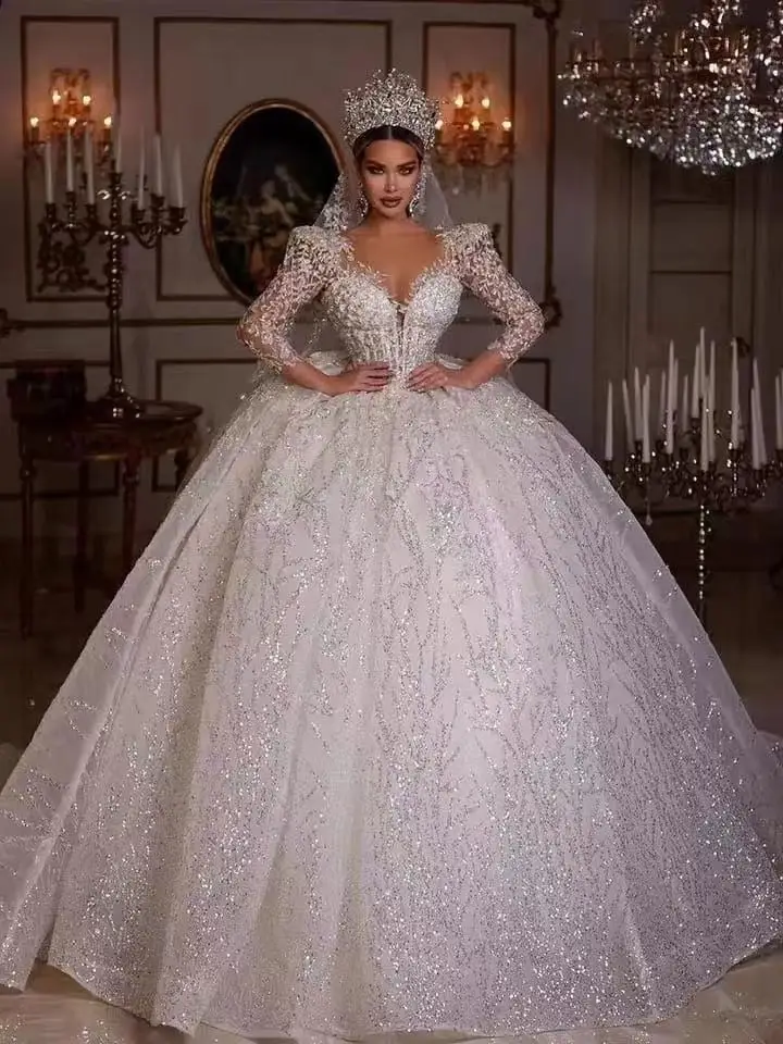 Luxurious Ball Gown Sparkly Wedding Dresses 2024 V Neck Long Sleeve Robe De Mariee Lace Beaded Princess Glitter Vestido De Novia