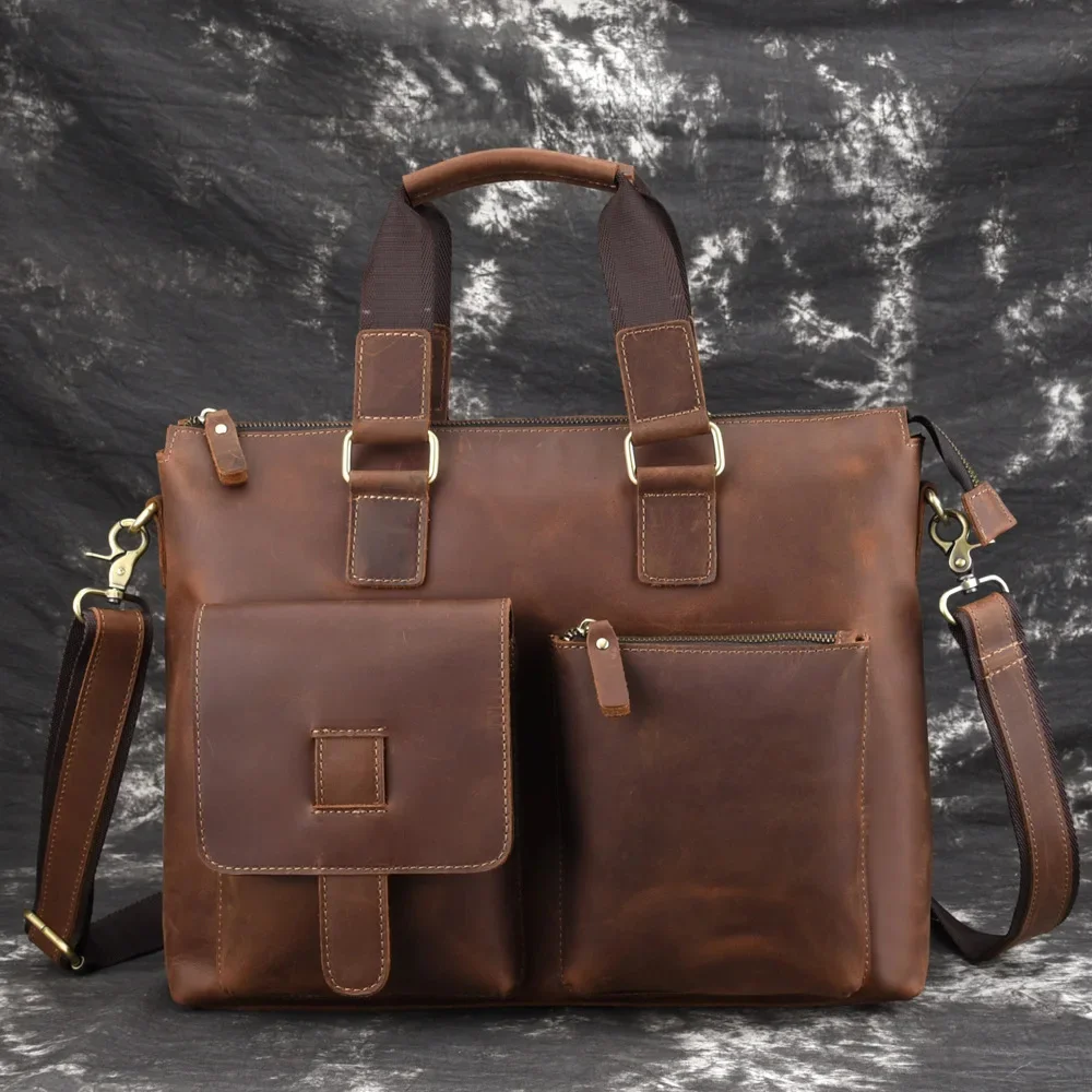 

Vintage leather men portfolio genuine lawyer doctor briefcase document 14" laptop messenger shoulder brief attache case