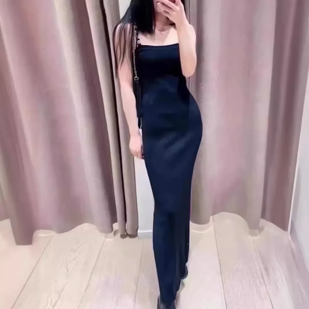 

Women Black Knitted Robe Chain Sling Backless Sleeveless Solid Color Slim Summer 2024 Long Dress