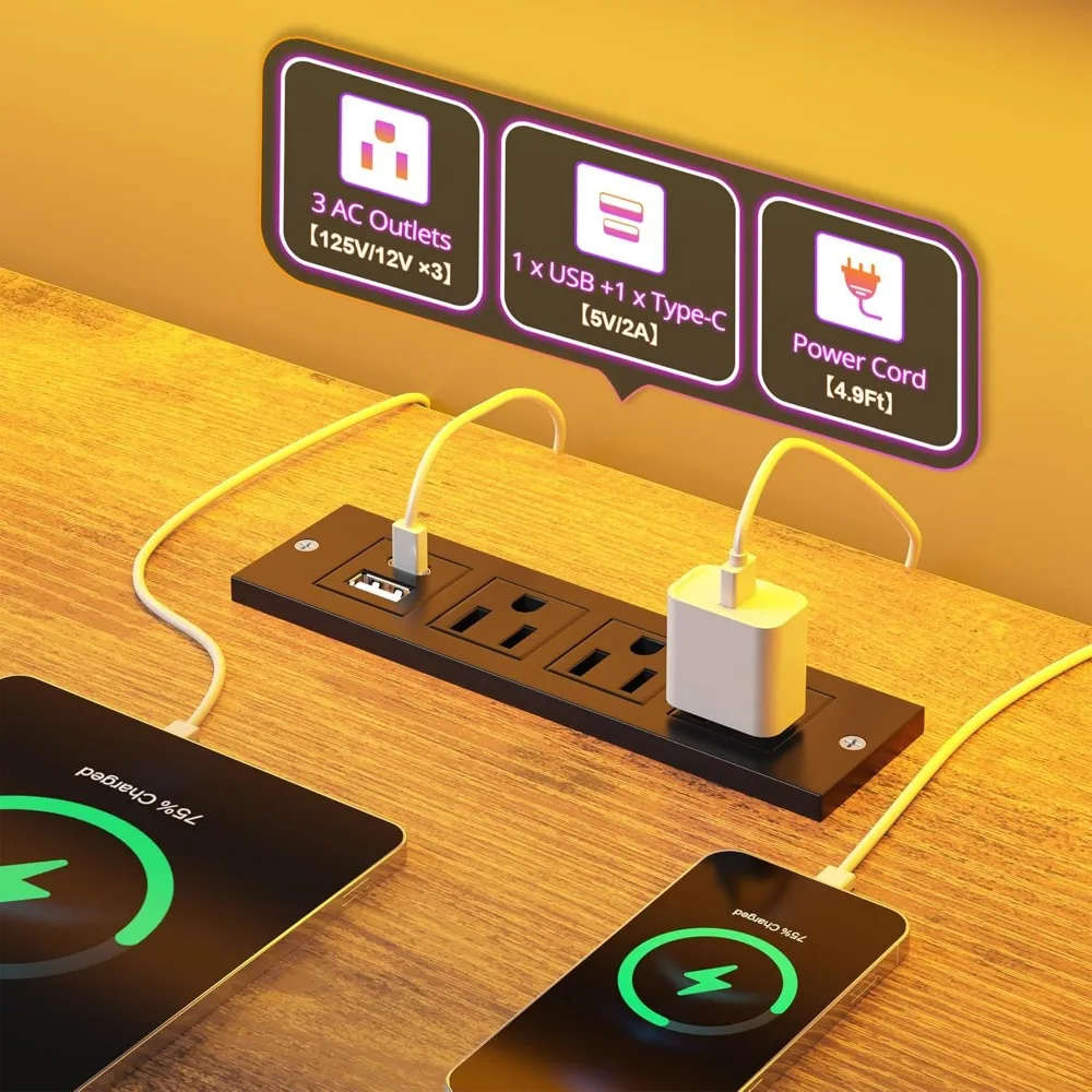 مكتب ألعاب على شكل حرف L مع أضواء LED ومخرج طاقة، مكتب كمبيوتر زاوية 48 بوصة مع أدراج مكاتب مكتب منزلية قابلة للعكس مع #4