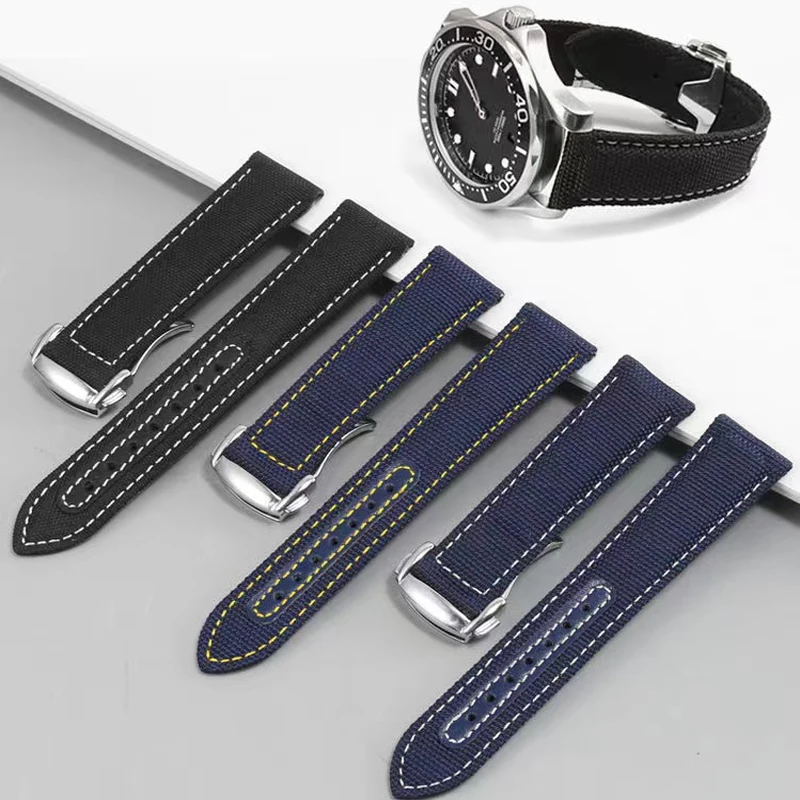 Leather Canvas Watch Strap for Omega Seamaster Speedmaster AT150 300 19/20mm 21mm 22mm Nylon Strap Fold Clasp Bracelet With logo