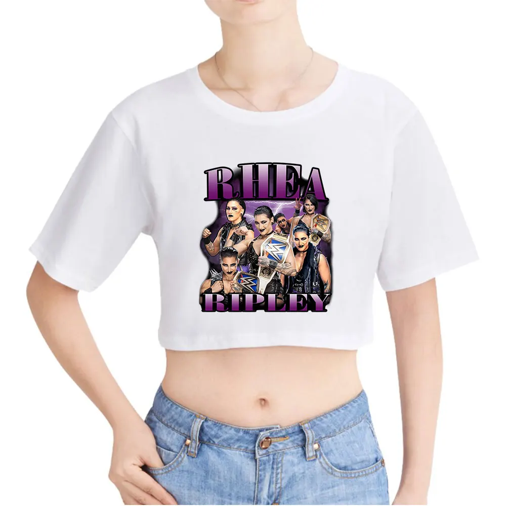 Rhea Ripley Vintage Crop Top z lat 90. z odkrytym pępkiem, zabawny T-shirt oversize z okrągłym dekoltem, top damski