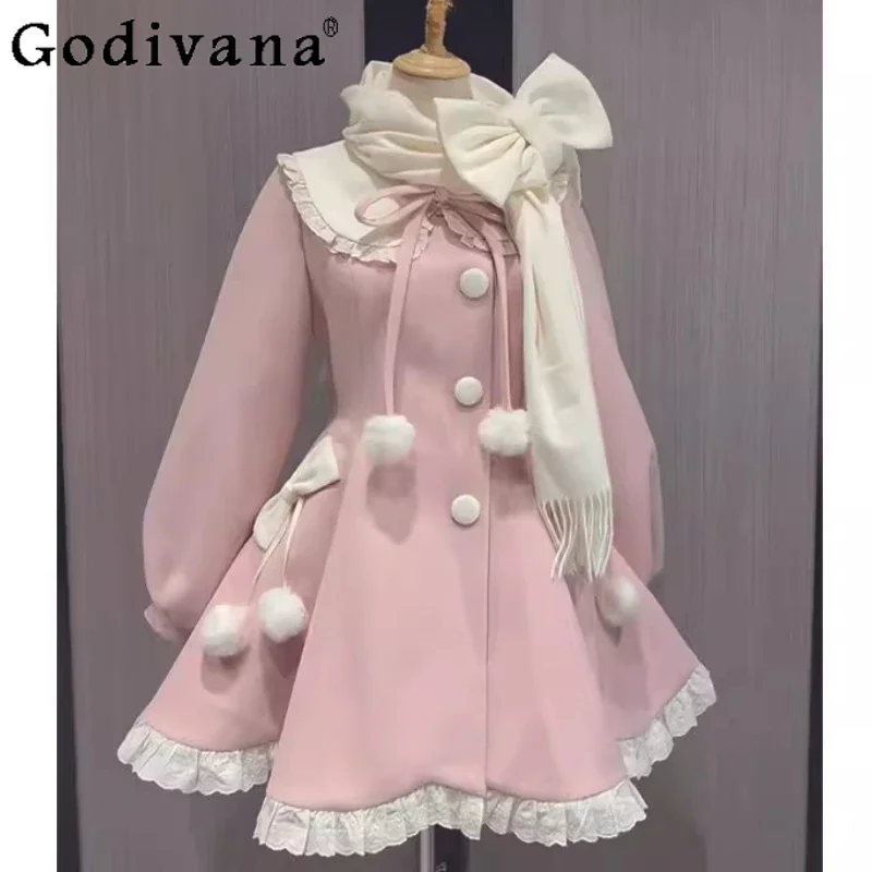 

New Autumn and Winter Ladies Sweet Woolen Coat with Scarf Cute Plush Bow Slim Girls Button Lolita Mid-length Wool Jacket Outwear