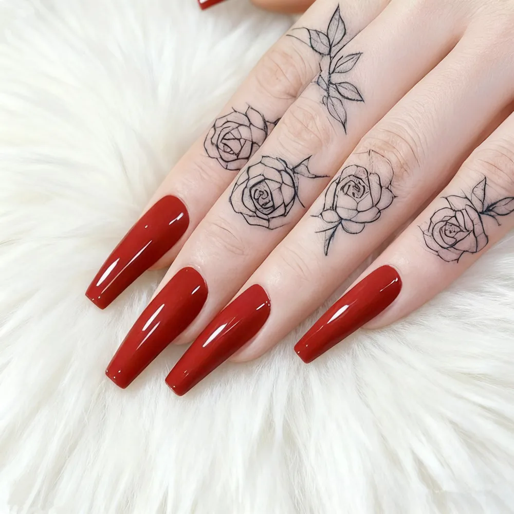 48Pcs Acrylic Fake Nails Press Ons With Glue Burgundy Super Long Ballerina Coffin False Nail DIY Woman Manicure Wholesale Items