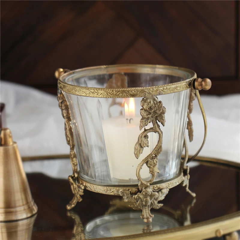 Brass Glass Storage Jar Handle Candle Cup Home Decoration Ornaments hand-Carved Vintage Cosmetic Brush Storage Barrel Pen Holder