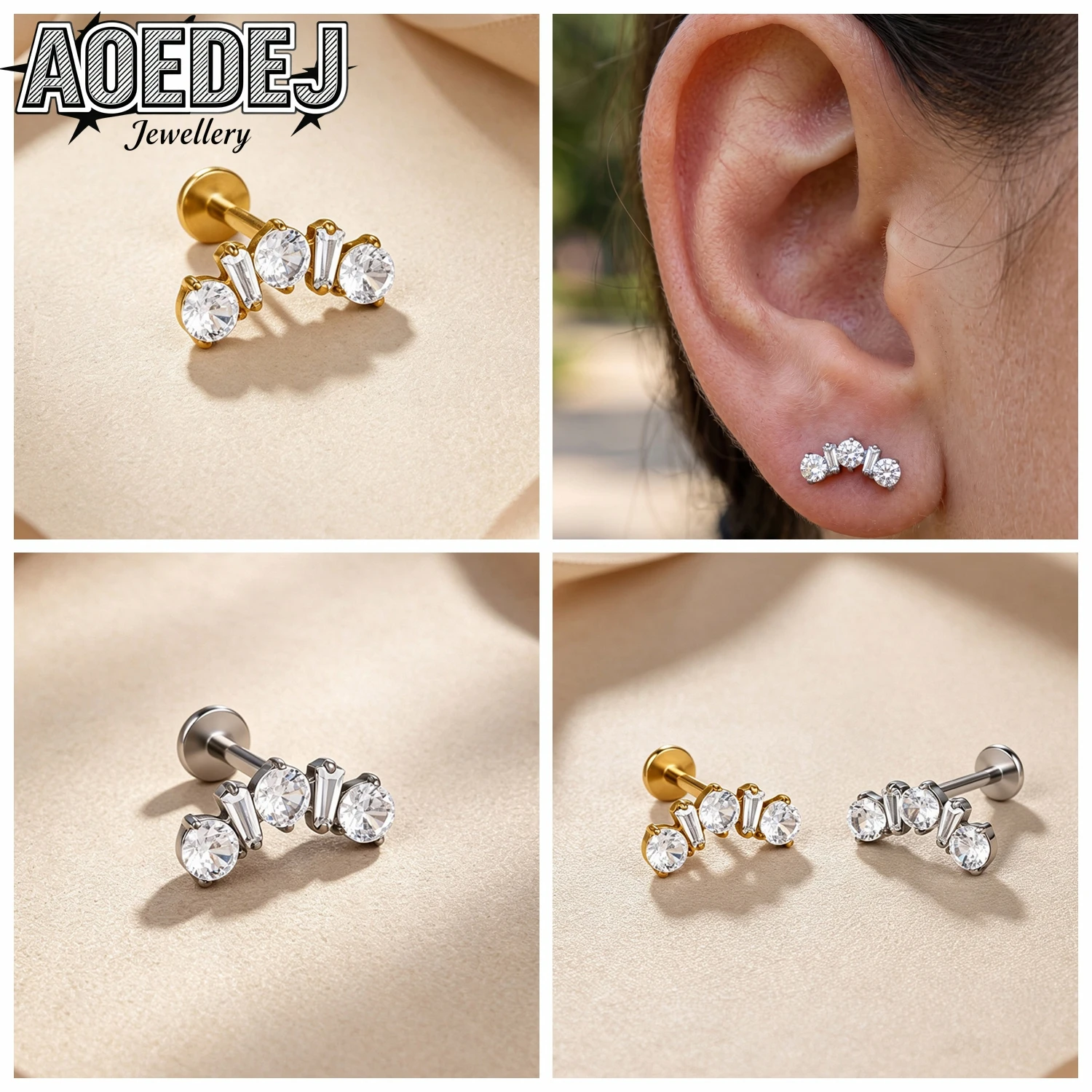AOEDEJ 1 PC/1 Pair 16G ASTM F136 Titanium Labret Lip Studs Women CZ Crystal Stud Earrings Scissors Shiny Helix Piercings Jewelry