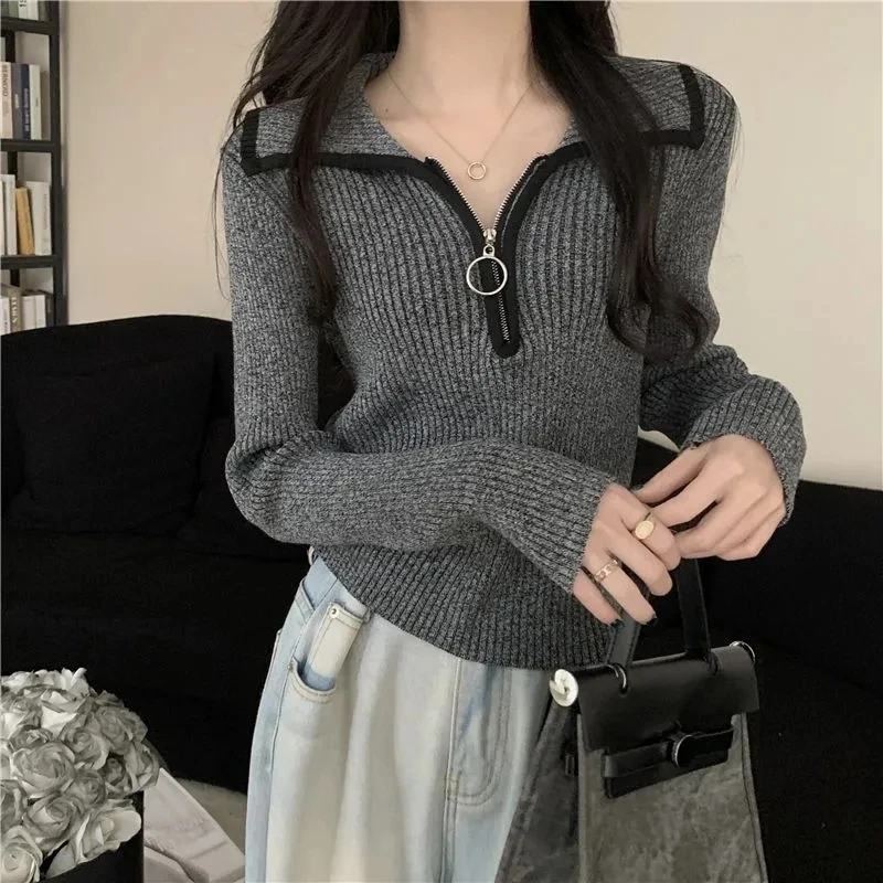 Hdspq Lapel Jersey Knitwear Jumper Women Autumn Winter High Quality Thicken Pullover Femme Vintage Simple Lined Warm Sweaters