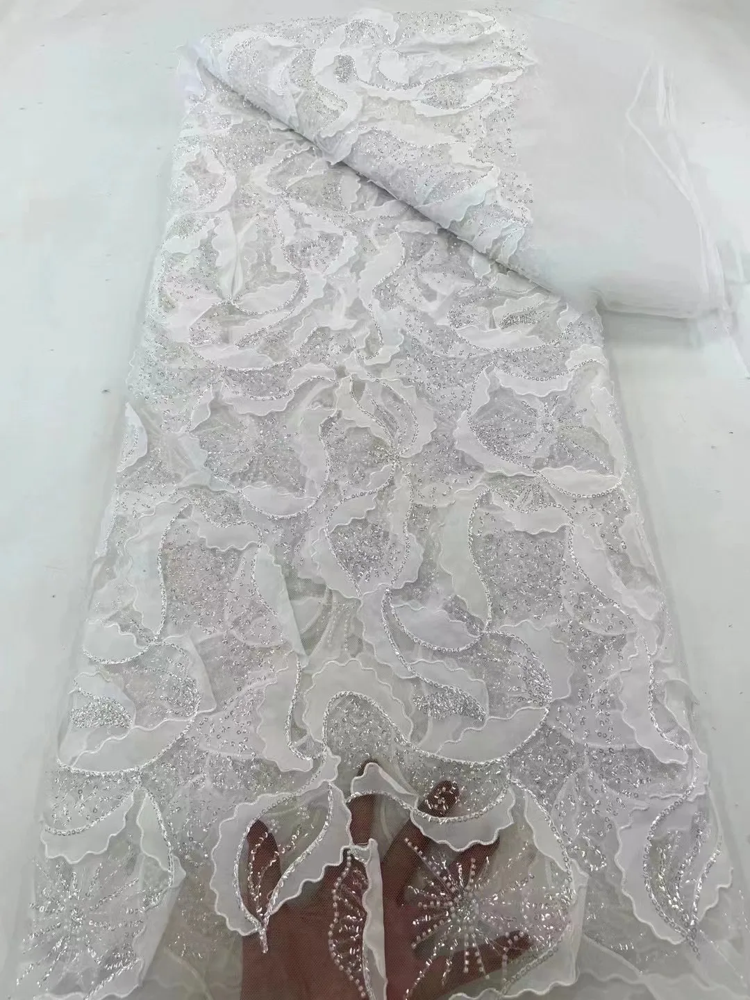 

Luxury African Heavy Beaded Lace Fabric 2024 White High Quality 5 Yards Nigerian Sequins Tulle 3D Fabric Material For Wedding