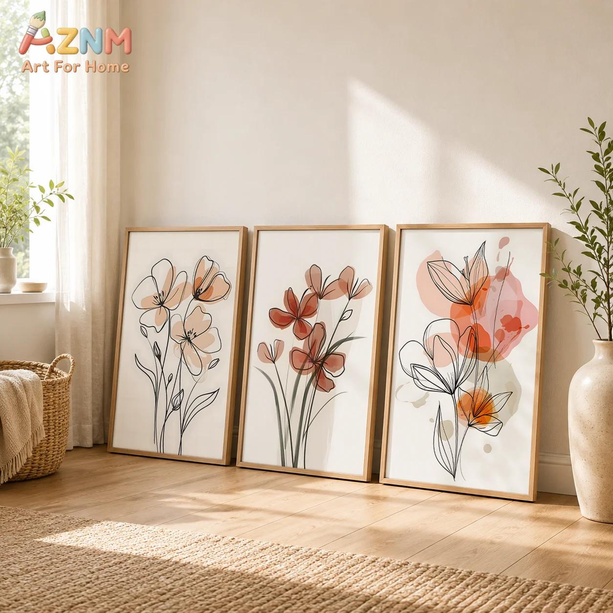 AZNM Abstract Line Flower Canvas Print Orange Pink Watercolor Floral One Line Art Minimalist Wall Poster Unframed Boho Home Deco