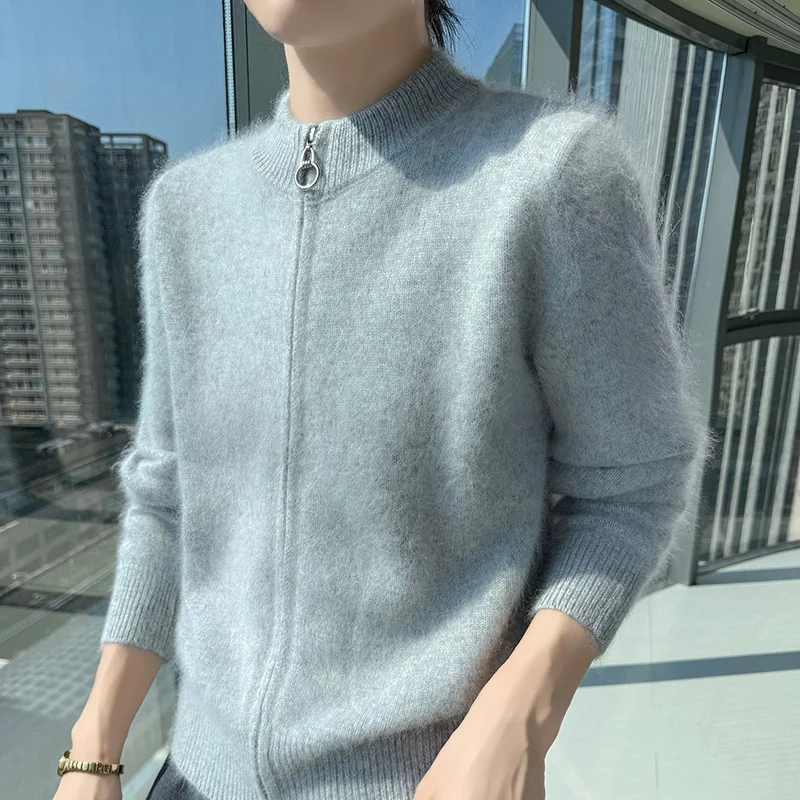 Women's 100%Pure Mink Cashmere Zipper Cardigan Autumn Semi-High Neck Loose Knit Coat Fashion Warm Thick Blouse Animal Hair Shirt