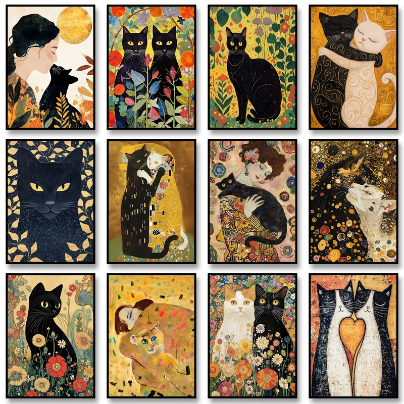 (2D canvas painting)  Gustav Klimt Poster Cats Kissing Canvas Painting Print Two Cats Hugging Wall Art Picture for Living Roo