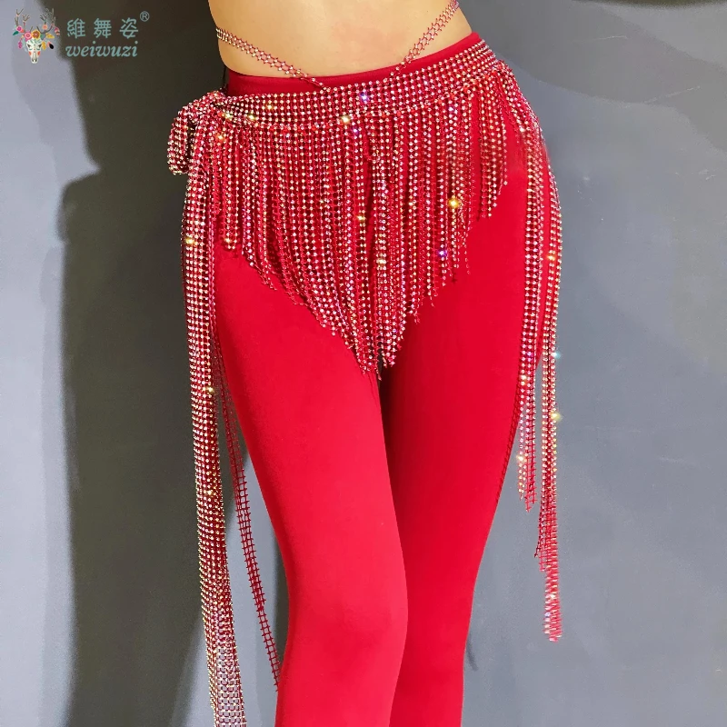 2025 nowy taniec brzucha dla kobiet frędzle łańcuszek w talii siatkowy starszy pełny diamentowy szalik na biodra orientalny konkurs tańca akcesoria