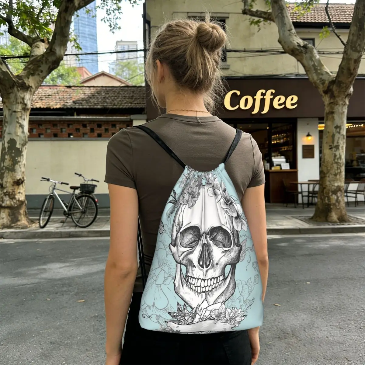 Vintage Gothic Skull Roses Backpacks Casual Drawstring Bundle Pocket Shoes Bag Book Bags for Man Woman School