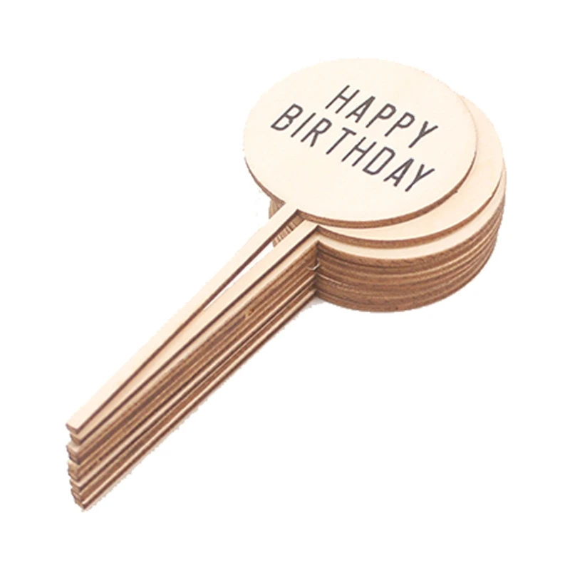 

50pcs Durable Happy Birthday Cake Topper Creative Rustic Wood Cupcake Topper with Wood Sticks for Romantic Night Party