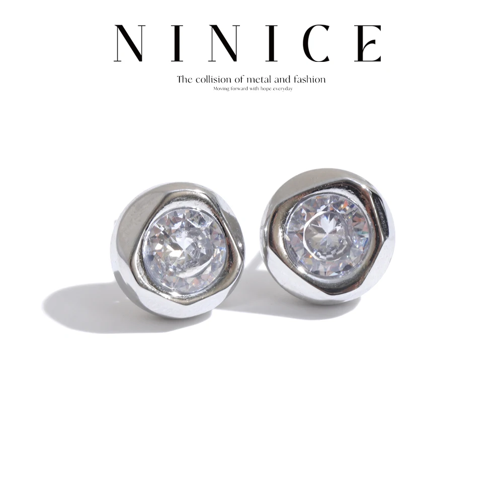 NiNice Stainless Steel Delicate Round Earrings Shiny Cubic Zirconia for Women Elegant Daily Party Jewelry Gift