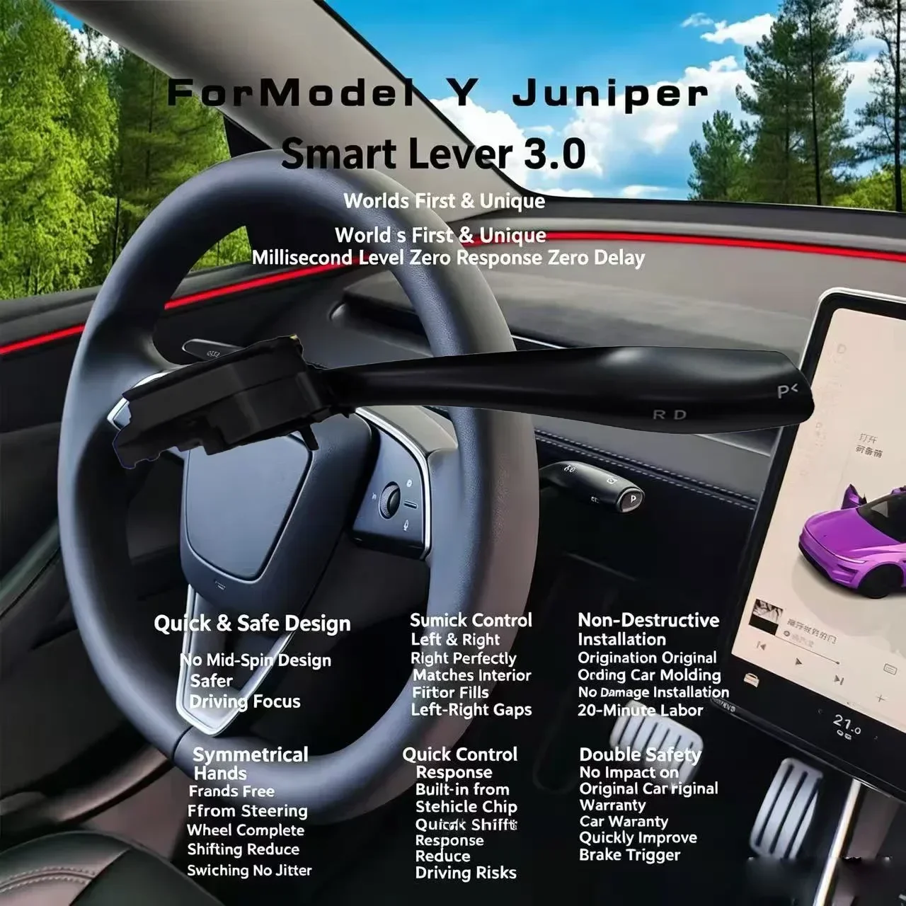 Smart Gear Shifter Lever for Tesla Model Y 2026 Juniper Millisecond Responsive Shift, Full Kit & Installation Guide
