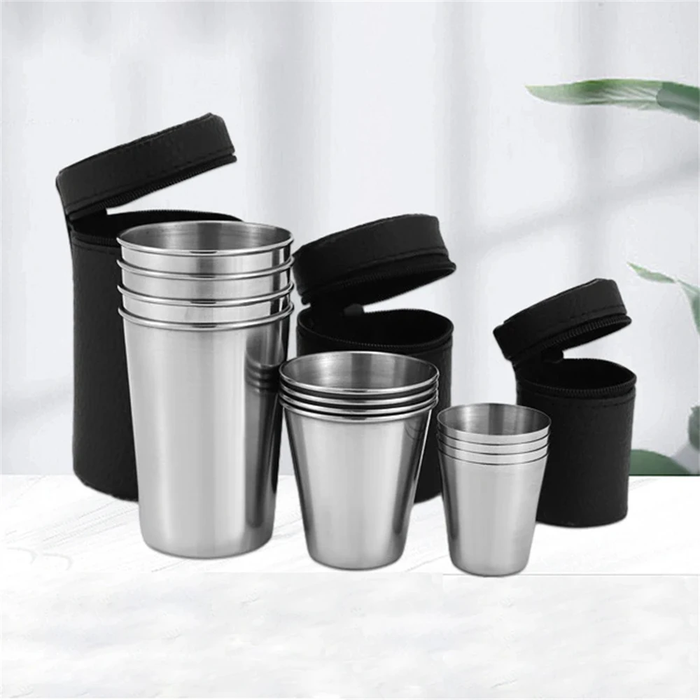 4pcs/Set Stainless Steel Cups with Storage Bag Metal Drinking Cups Stackable Water Tumblers 30ml/70ml/170ml for Outdoor Travel